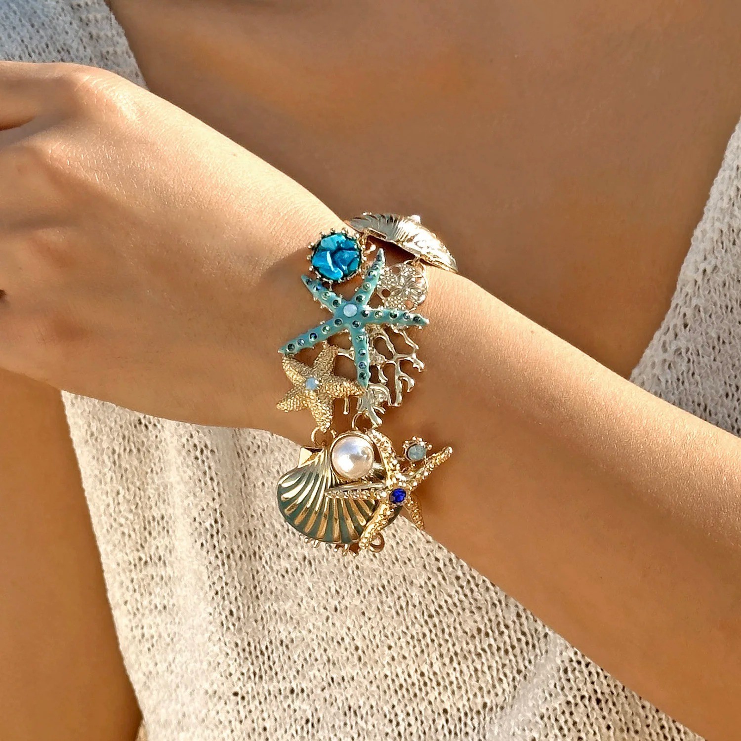 Starfish Seashell Necklace Pearls Beach Nautical Statement Bib Jewelry Chain