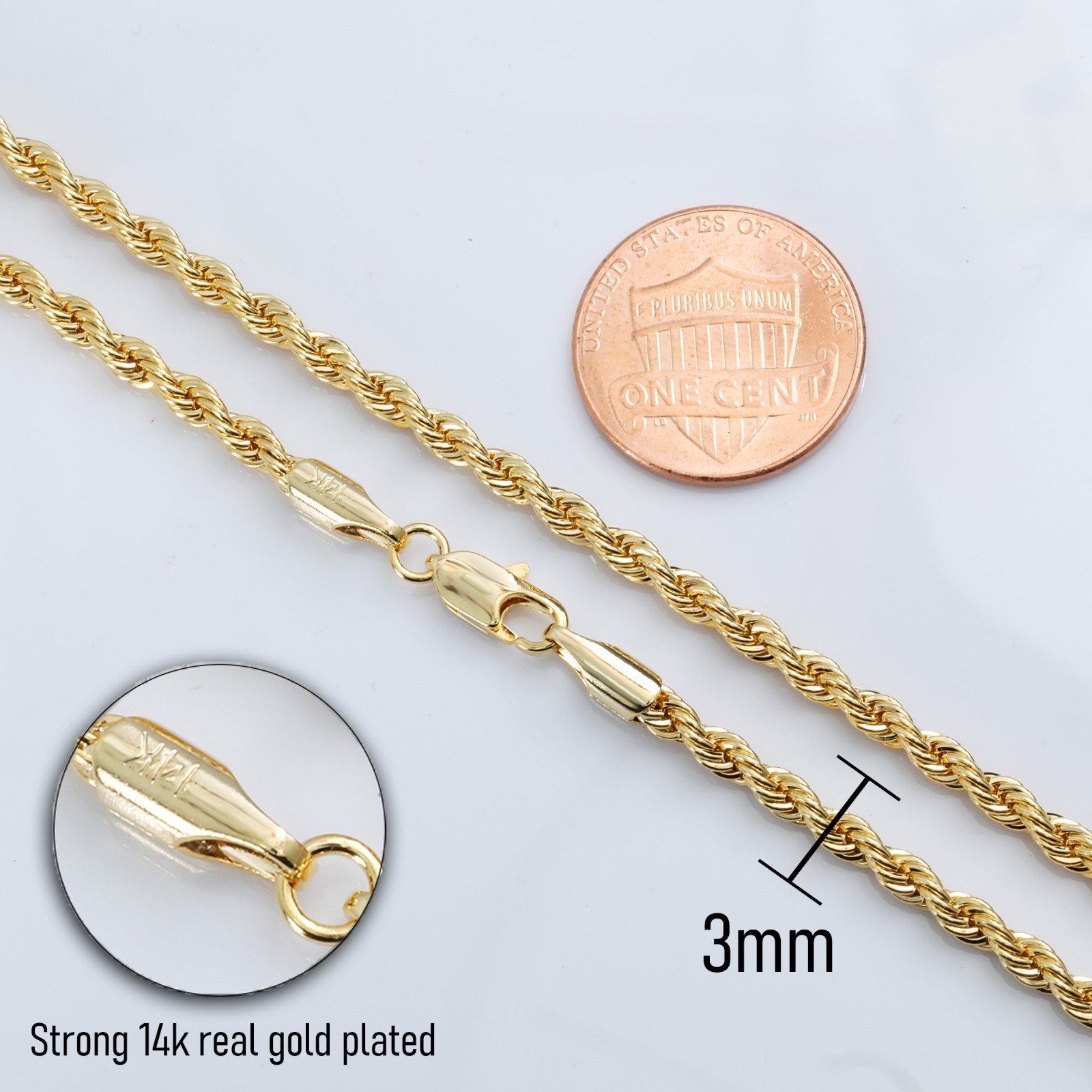 14K Gold Plated 3mm, 4mm, 5mm & 6mm Rope Chain 20′, 24″ & 30″ Mens Boys Necklace