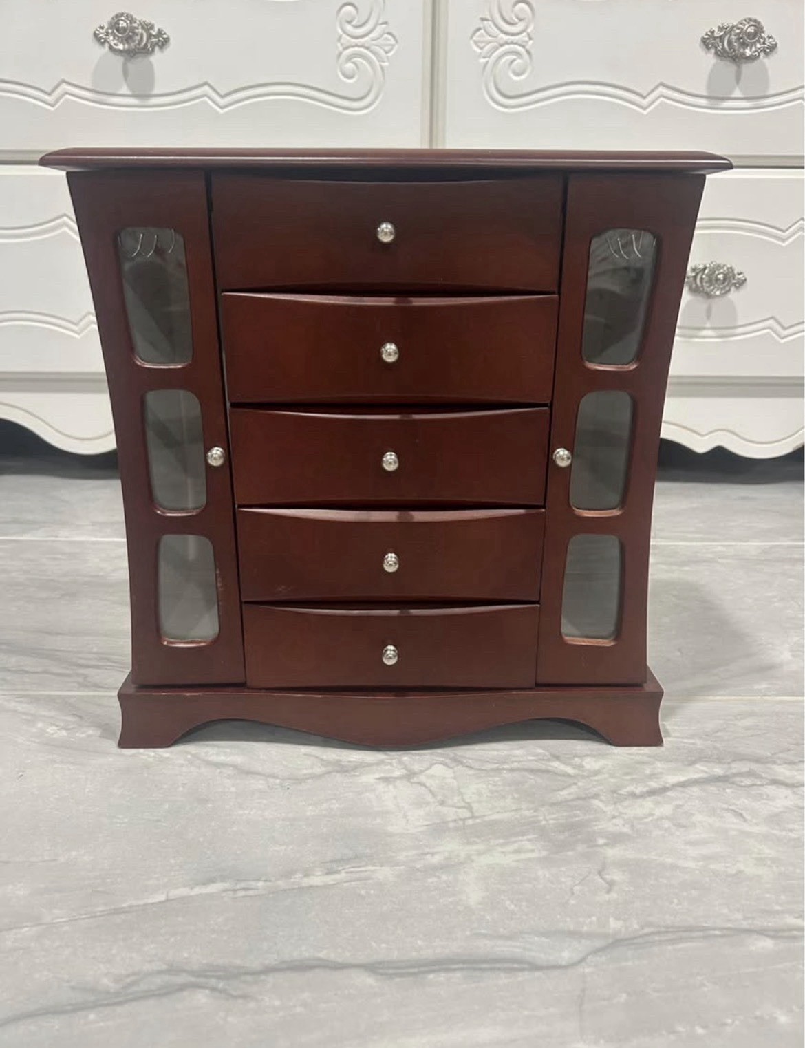 Brown Wood & Glass Vintage Jewelry Box