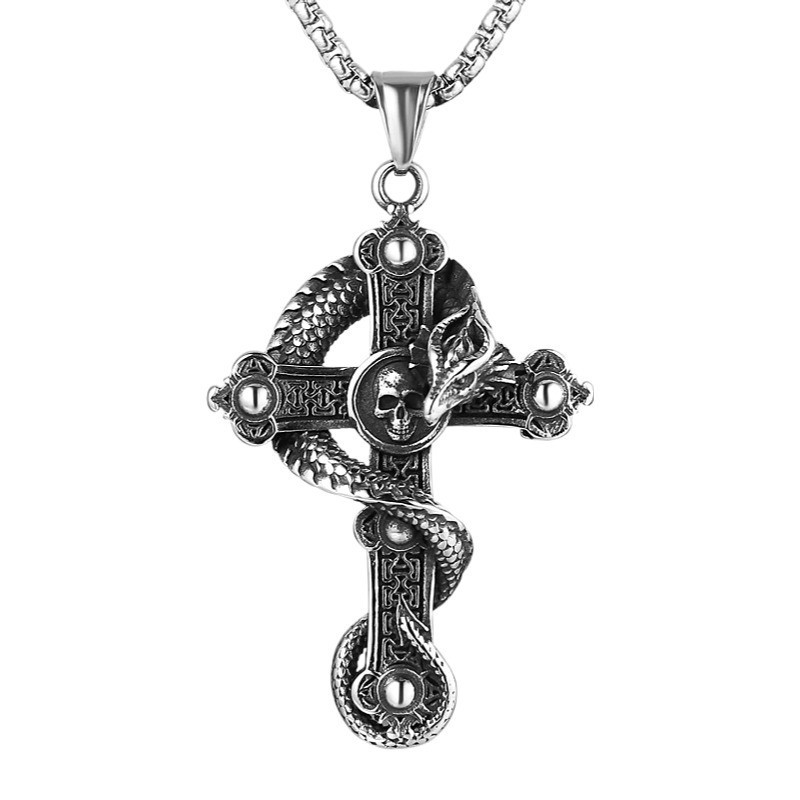 Dragon Wrapped Skull Cross Pendant Vintage Titanium Gothic Punk Necklace For Men