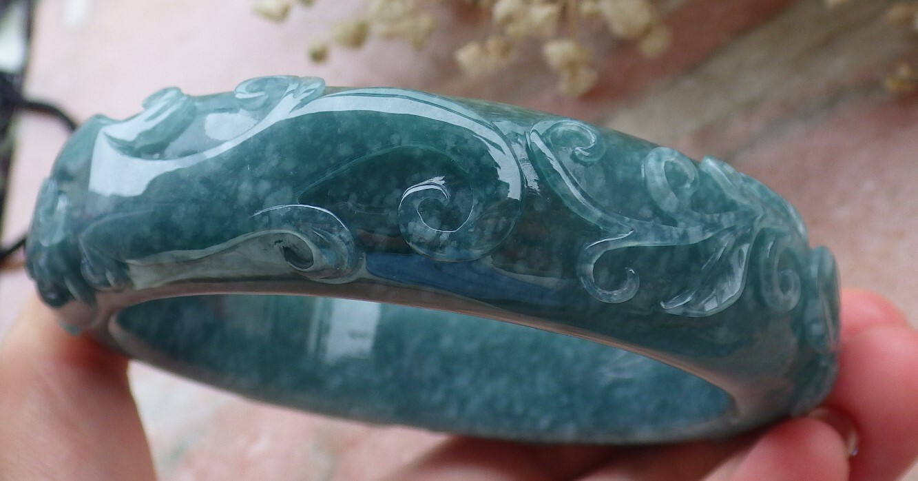 Certified Blue Green JADE Jadeite Dragon Phoenix Bangle Bracelet 69mm 589283 AS