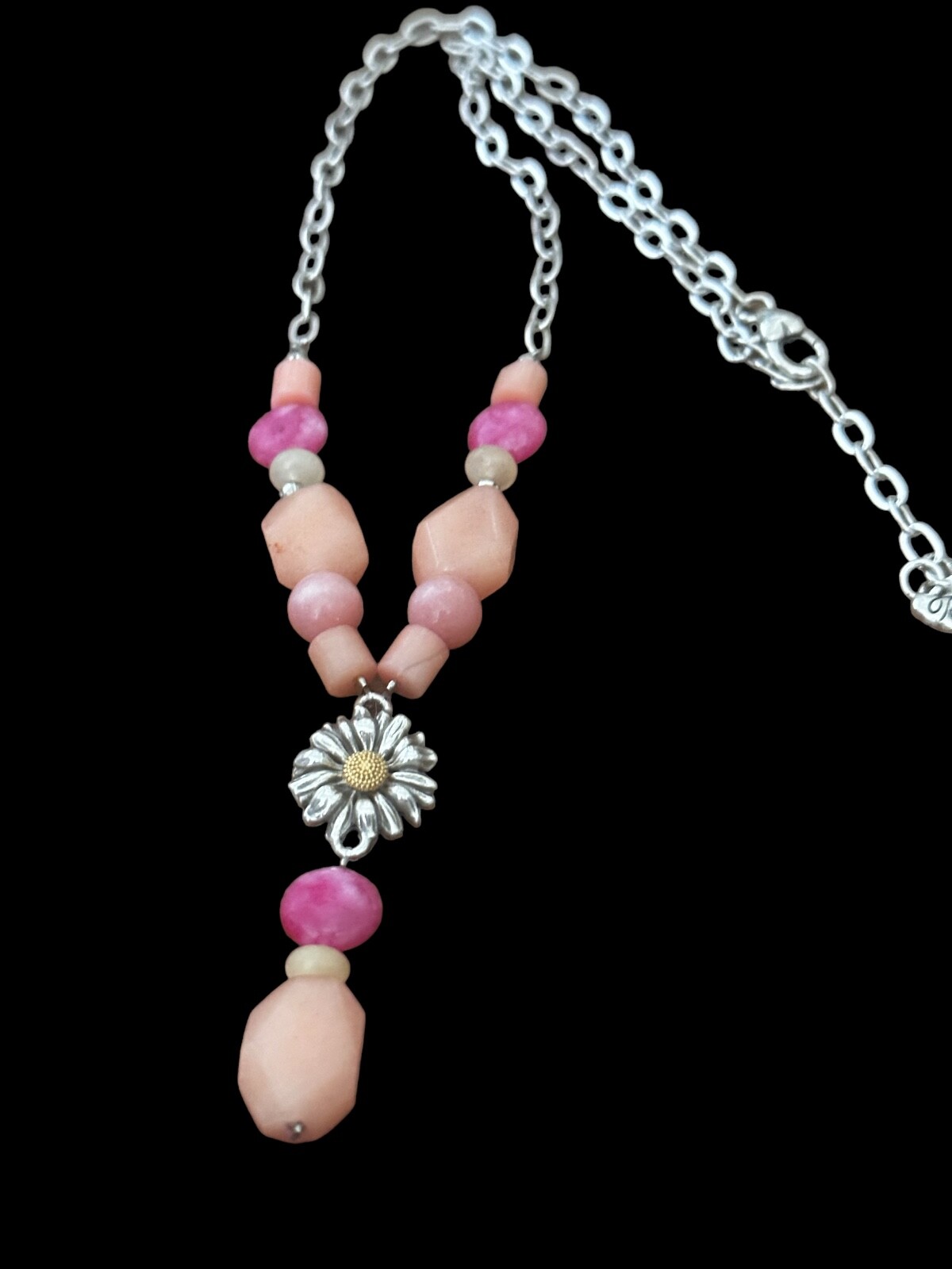 Brighton Paradise Garden Y Necklace- pink & orange beads- silver links flower