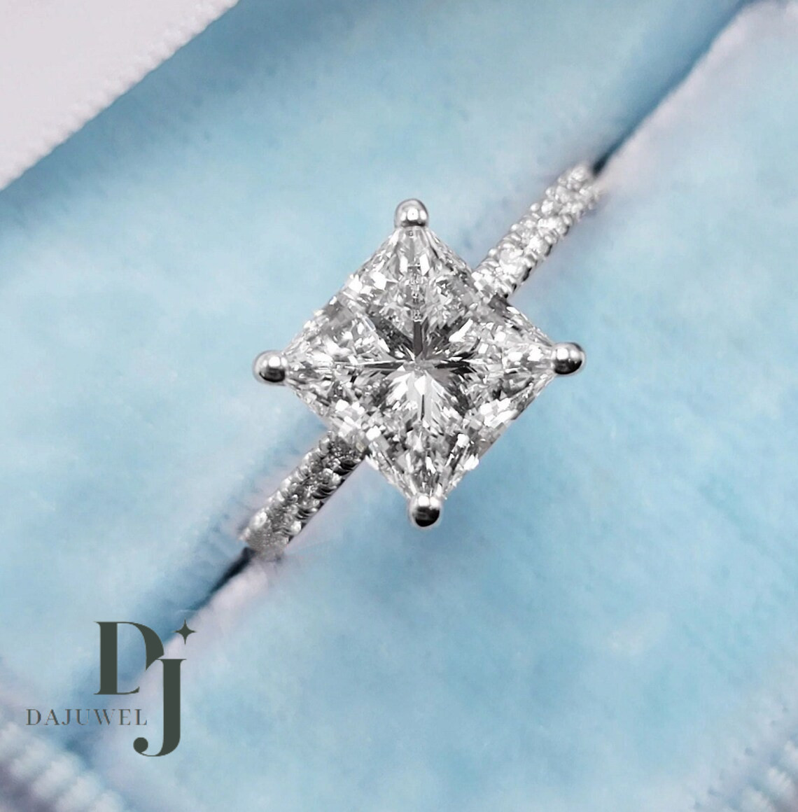 Solid 14k White Gold 2.50 CT Princess Cut Moissanite Hidden Halo Engagement Ring