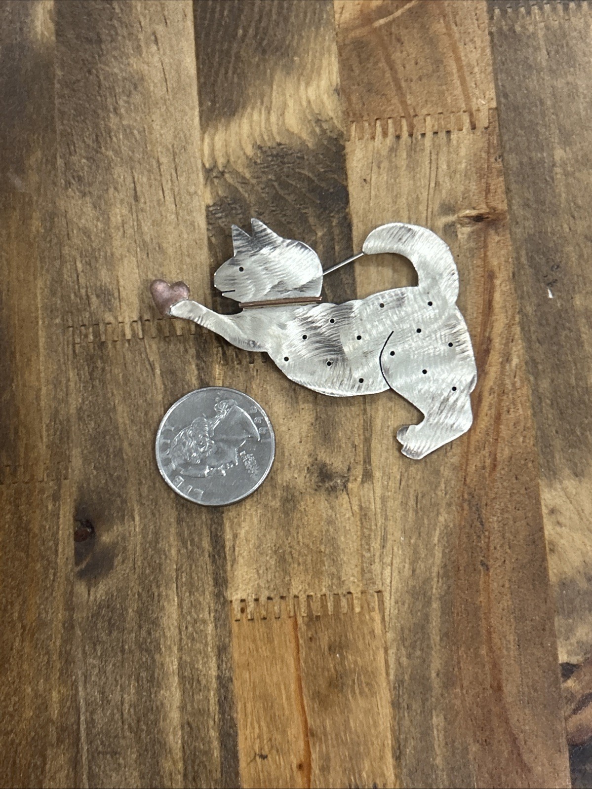 Sterling Silver Cat Heart Brooch 7.71 Grams