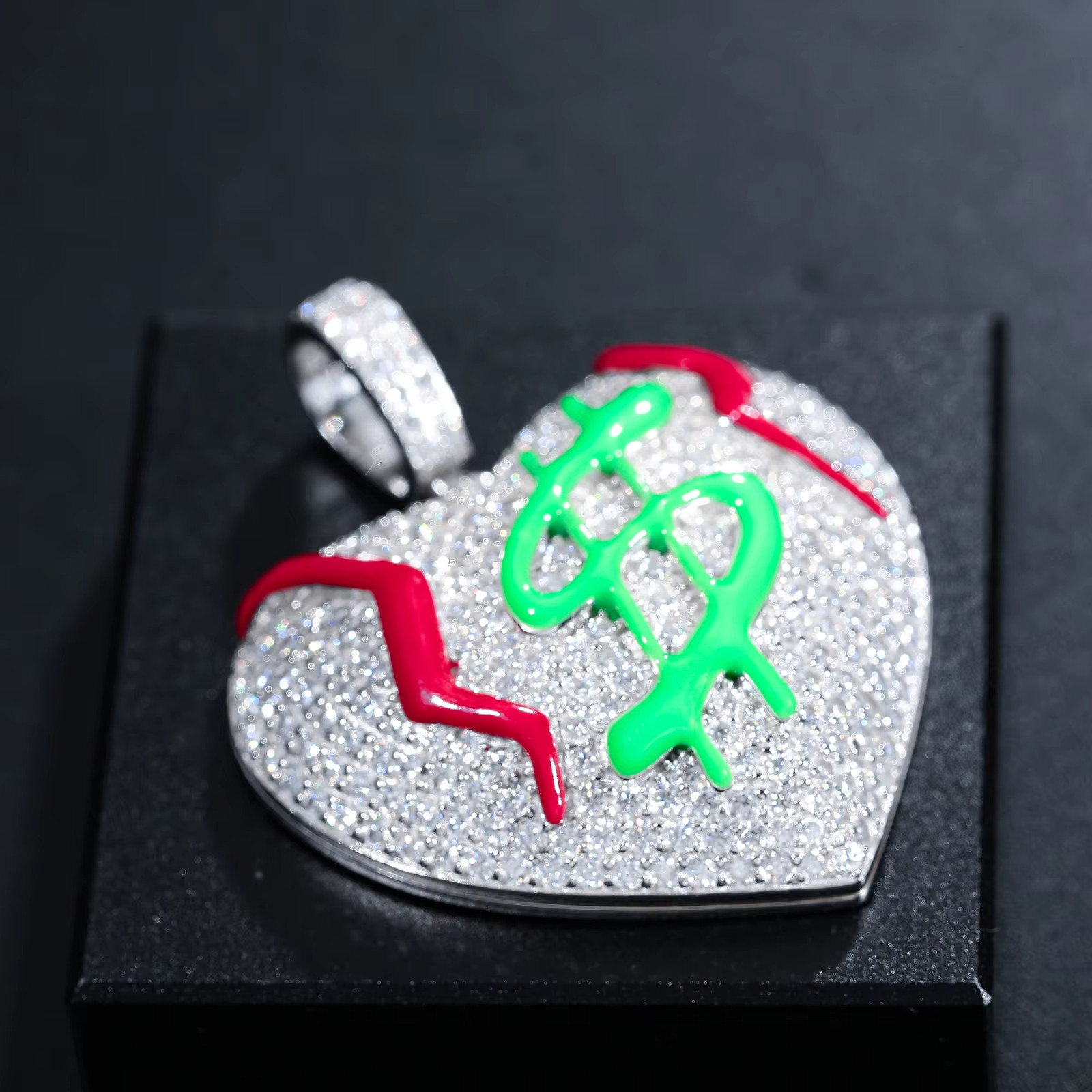 Glow in Dark Money Heart Moissanite Pendant 925 Silver Iced Out Hip Hop Jewelry