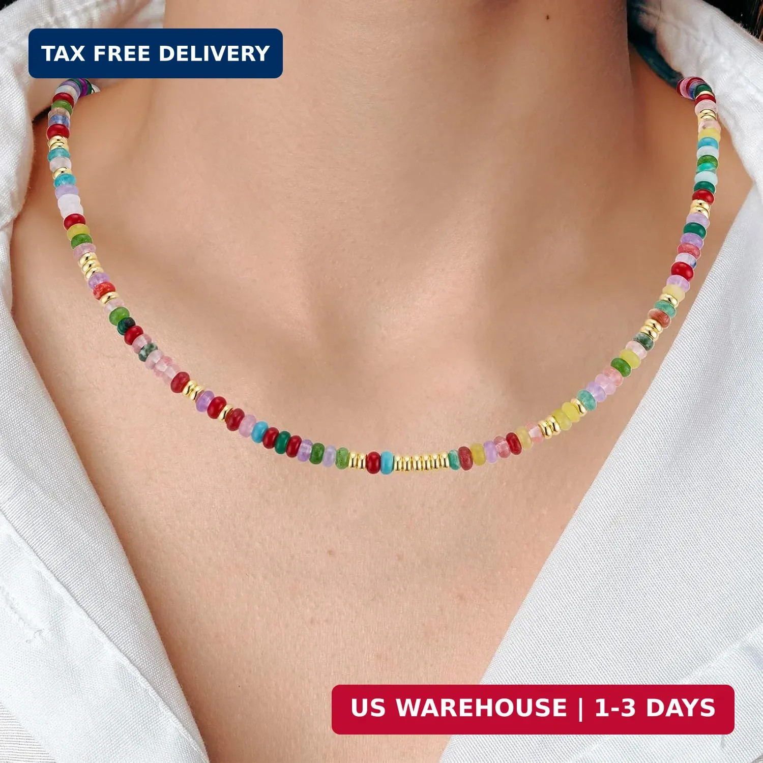 Boho Beaded Necklace for Women, Colorful Natural Stone Choker Necklace, 4MM