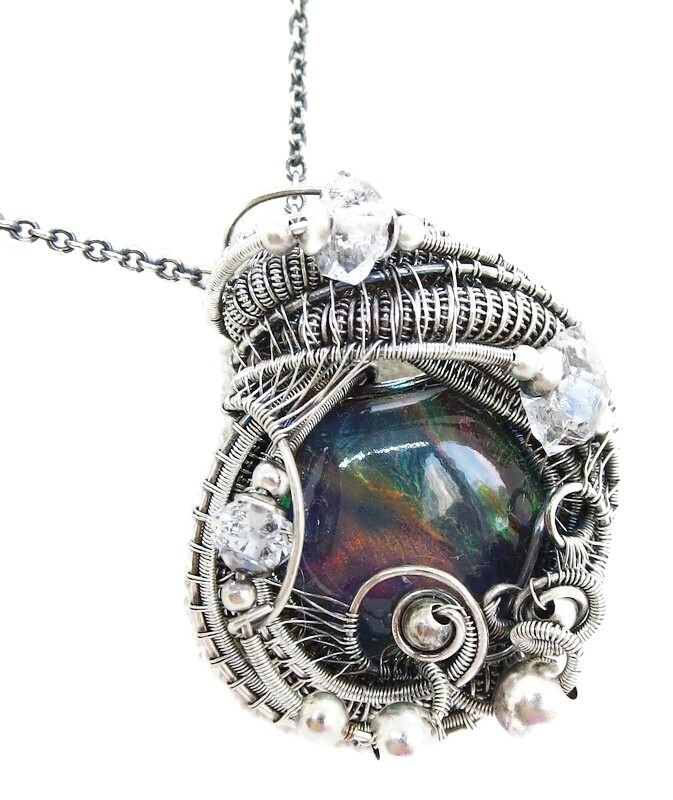 Aurora Opal Wire-Wrapped Pendant in Sterling Silver with Herkimer Diamonds