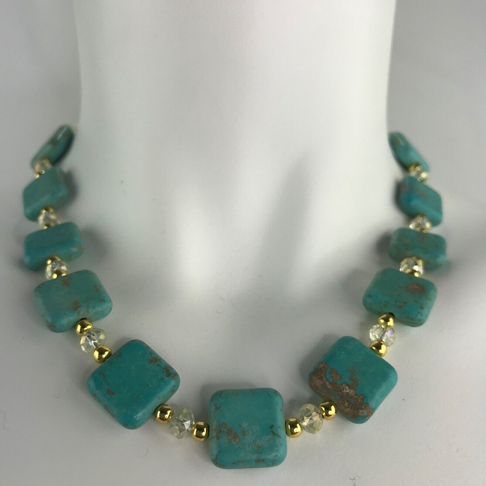 Handmade Necklace Turquoise Magnesite Square Beads, Pale Yellow Glass Gold Tone