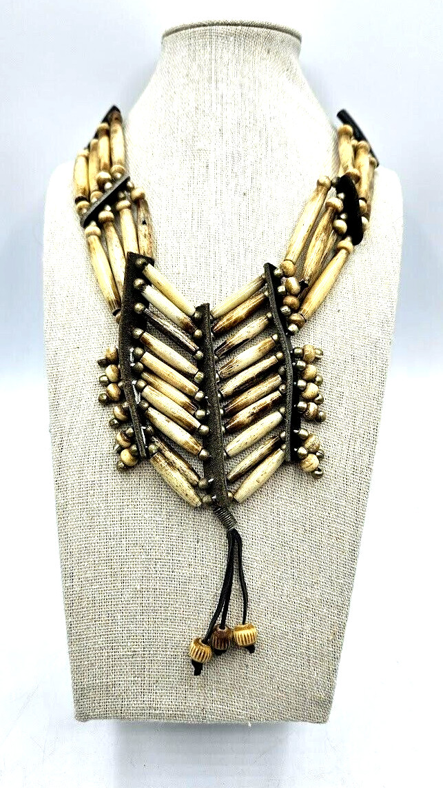 Buffalo Bone Necklace Layer Black Beige Hair Pipes Tribal Style Boho Ancient 25″