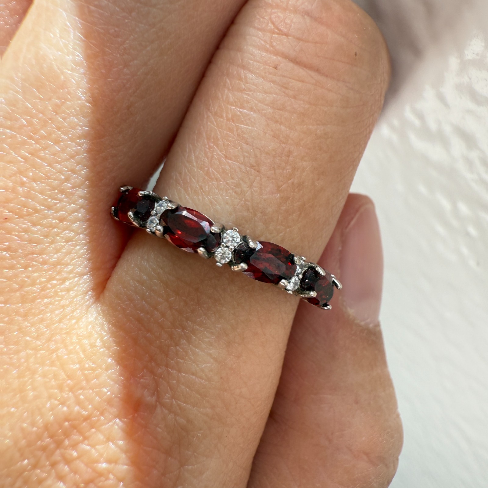 925 Sterling Silver Ring 5x3mm Natural Rhodolite Garnet Gemstone Zircon Beaded