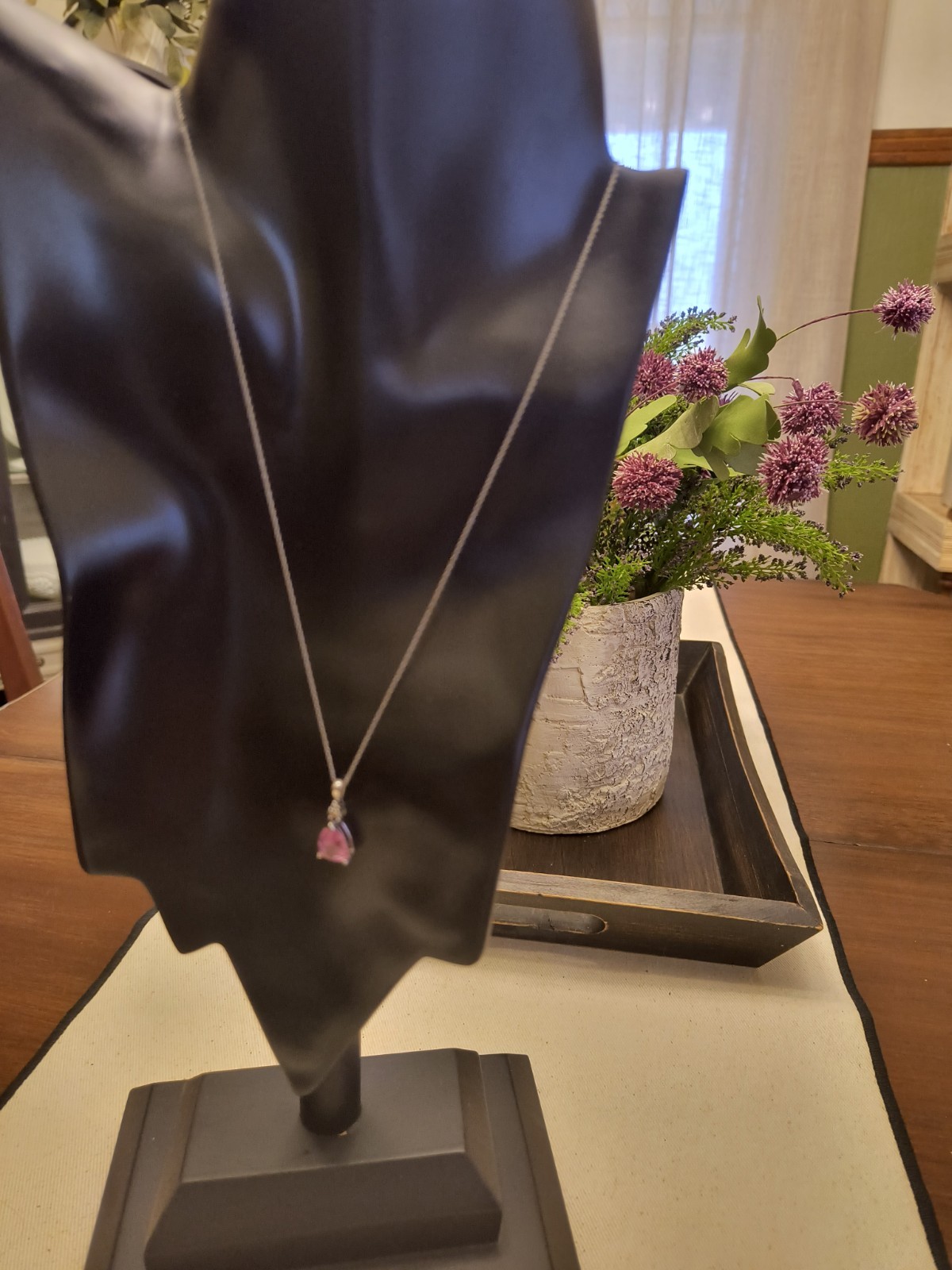 Leer Gem Limited 10k White Gold Pink Sapphire With Diamond Chip Necklace 18″