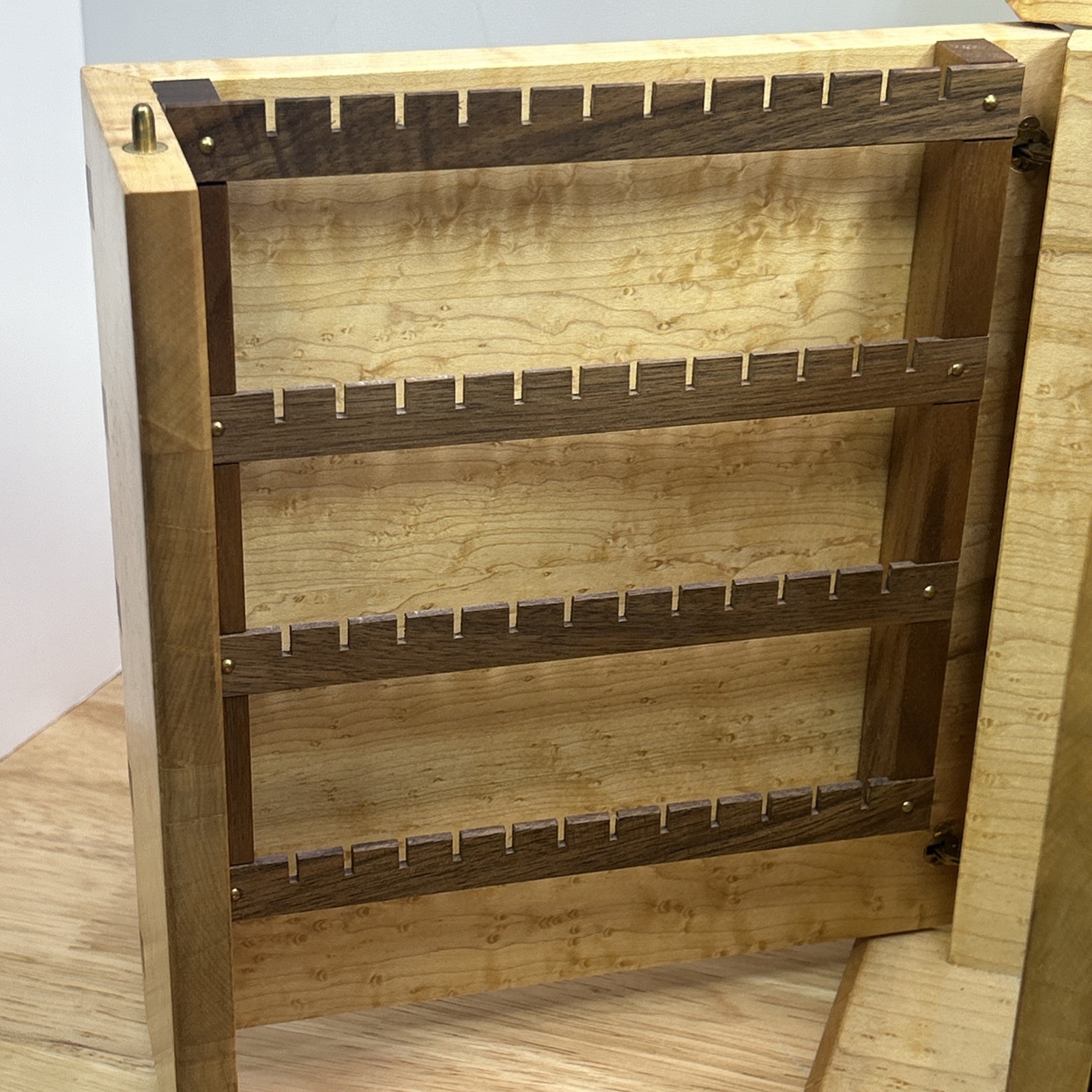 Jewelry Box Handmade Artisan Birdseye Maple Walnut Accent Inlay Lined Dovetail