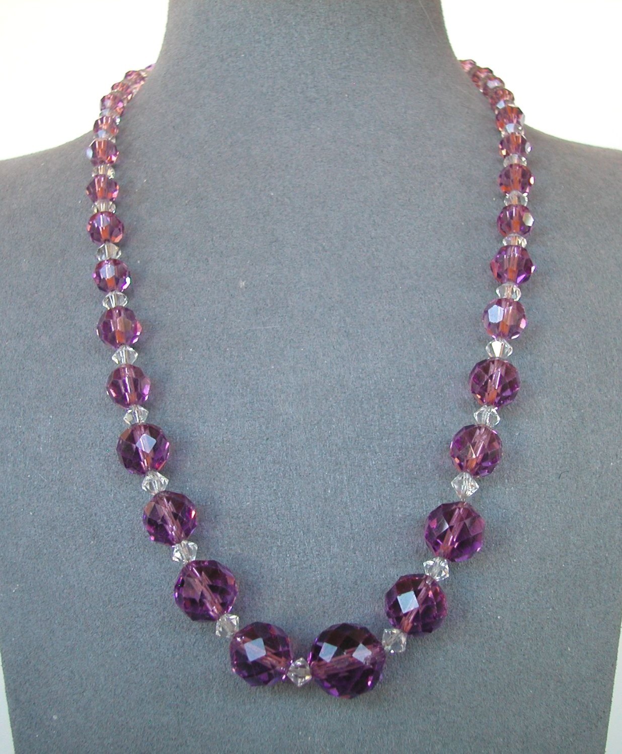 Vintage Amethyst & Clear Color Crystal Beaded Necklace 18″