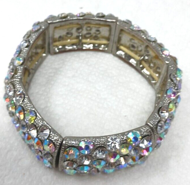 AB Crystal Rhinestone Stretch Bracelet SilverTone Statement BLING Chunky #J10-W