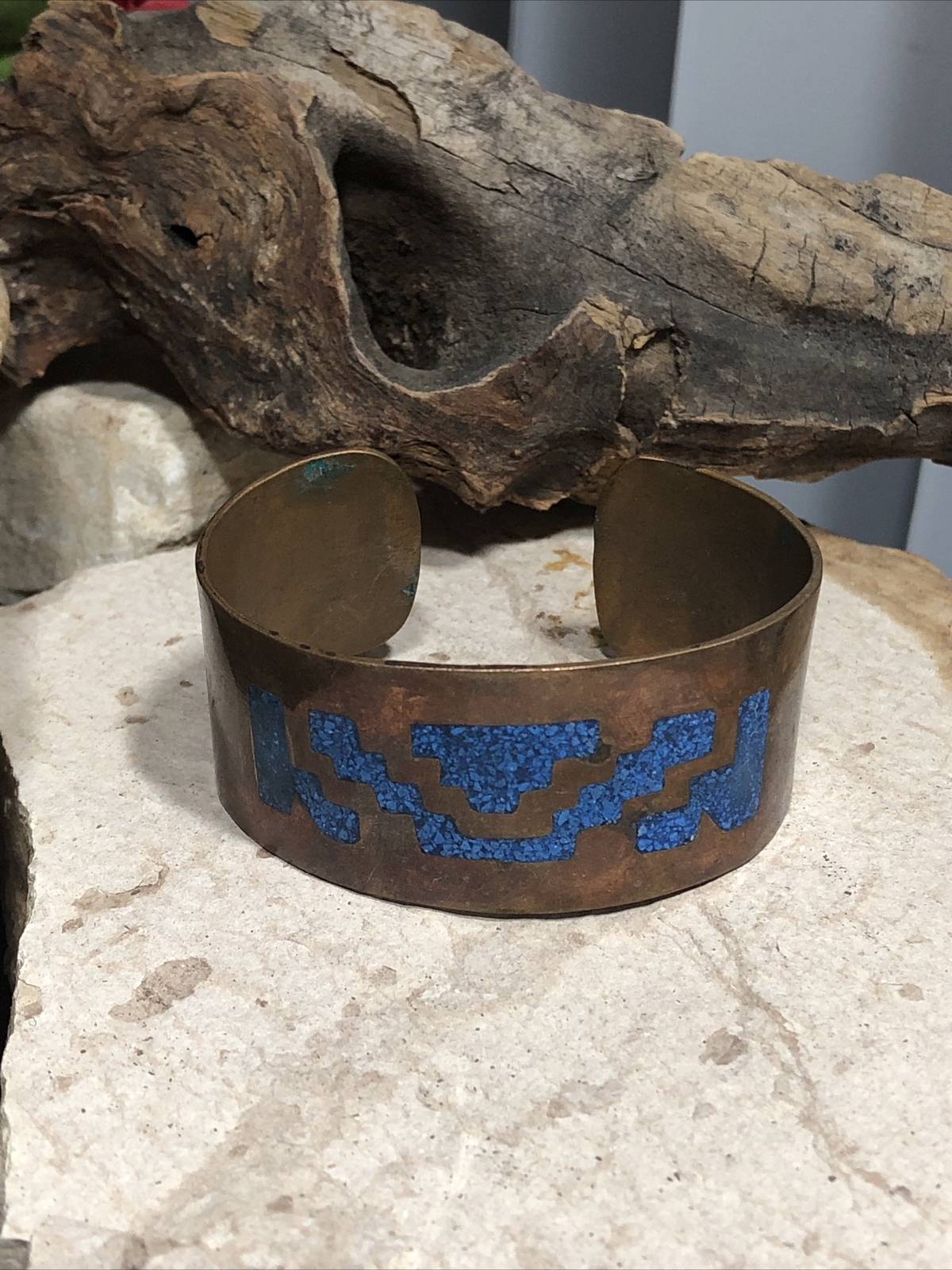 Genuine Copper Blue Turquoise Mosaic Inlay Patterned Cuff Bracelet 36.6g