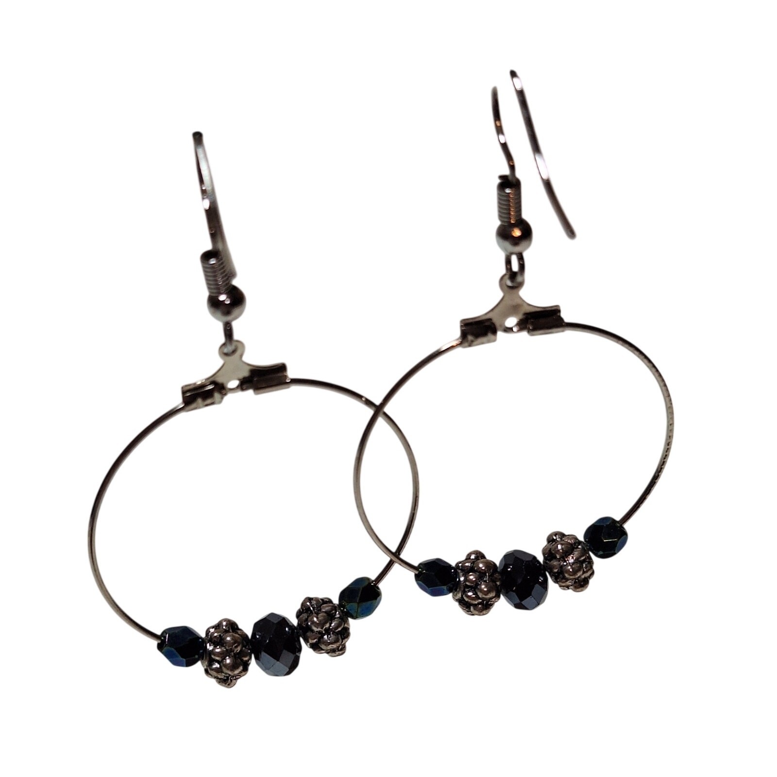 Hoop Earrings Silver Tone Black Iridescent Silver Tone Beads Fishhook Earwires
