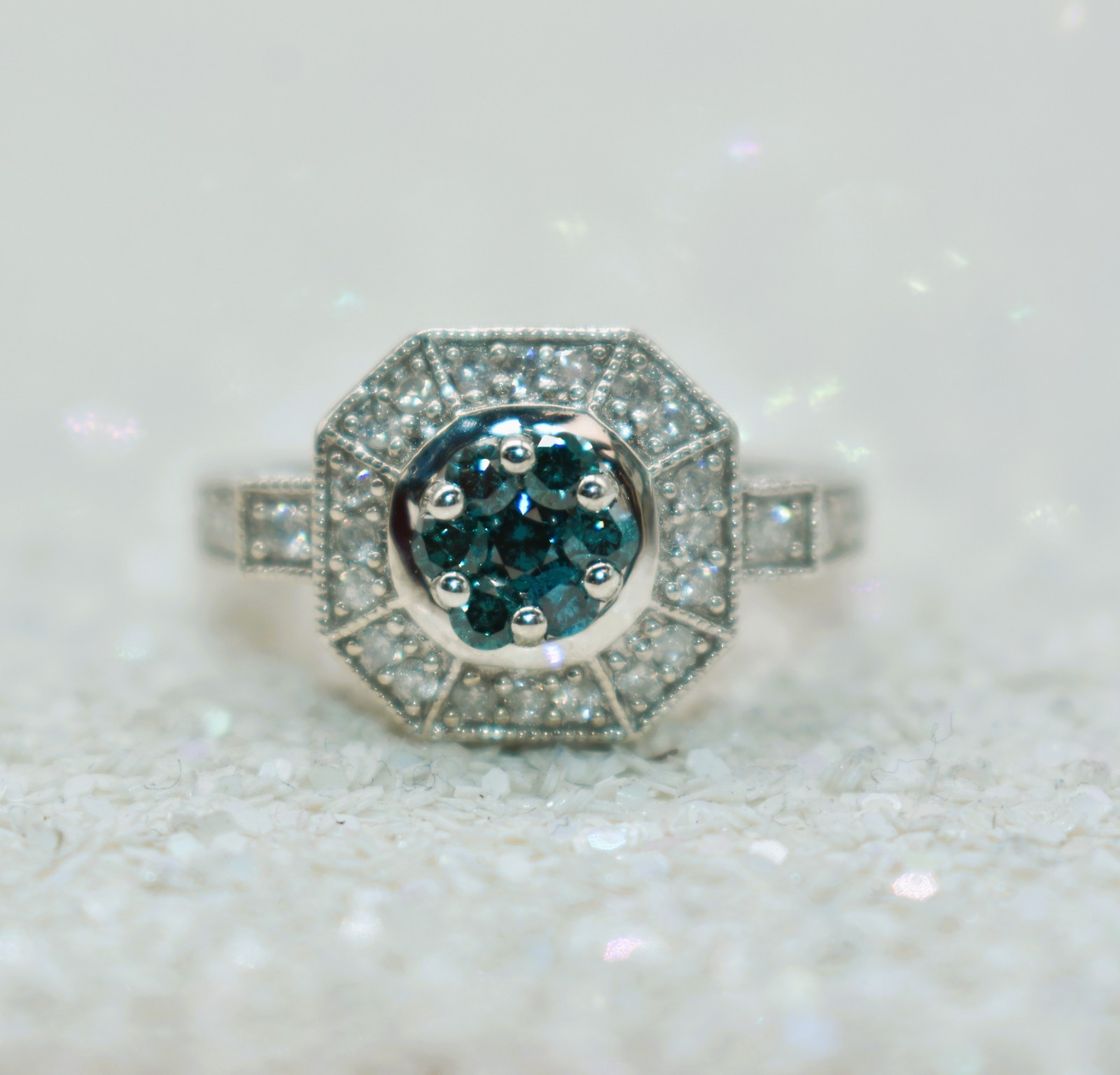 0.57 CT TW Treated Blue & White Diamonds Sterling Silver Halo Ring Size 8-1/4