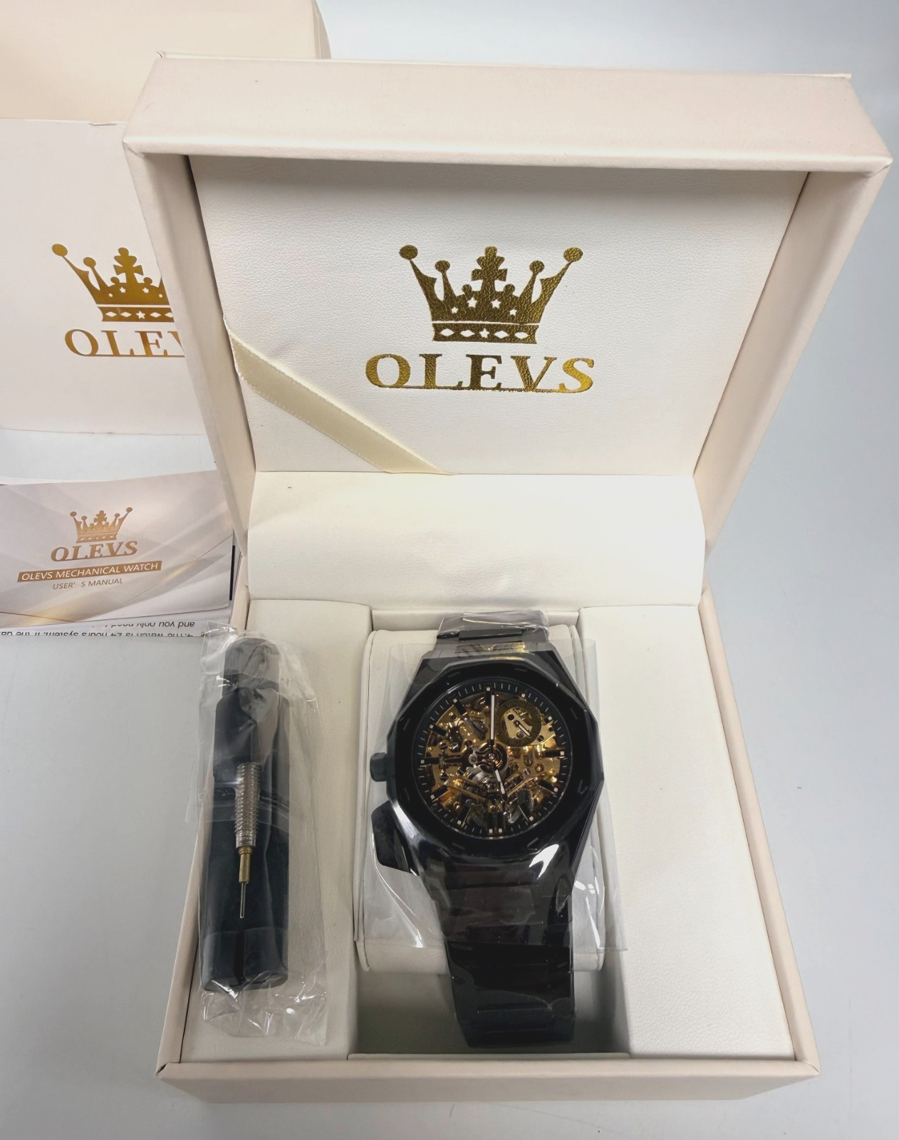OLEVS Men Automatic Skeleton Mechanical Watch – Black / Gold *NEW IN GIFT BOX*