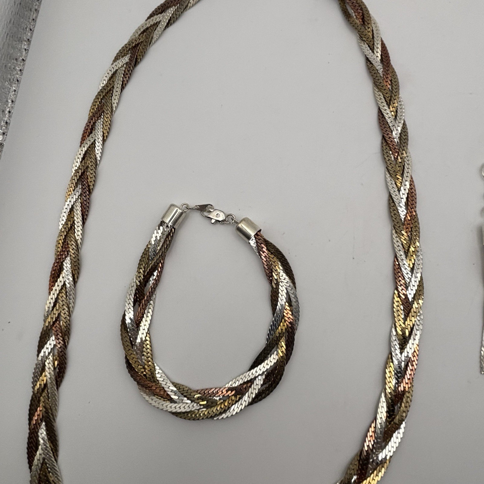 Vtg 925 Color Gold Silver Rose Braided Chain Necklace Bracelet Sterling Silver