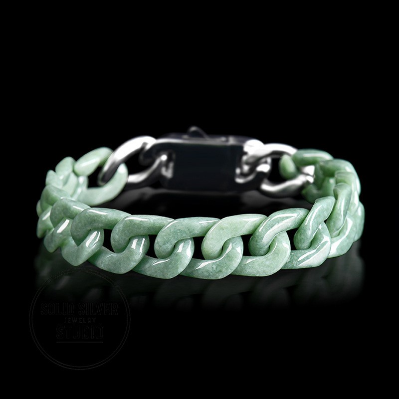 Natural Grade A Jadeite Cuban Link Chain Bracelet&Necklace Hip Hop Jade Jewelry