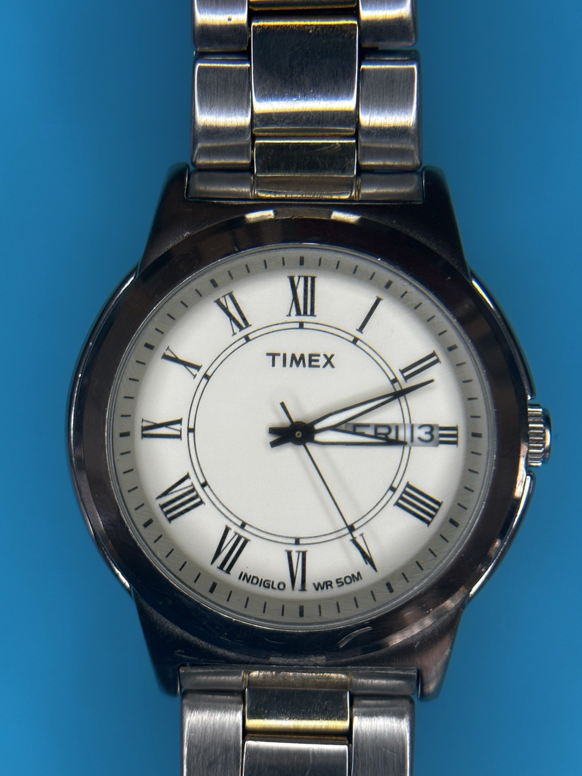 Timex Men’s Indiglo 2 Tone Steel Watch Day Date Indicator Water Resistant 50M
