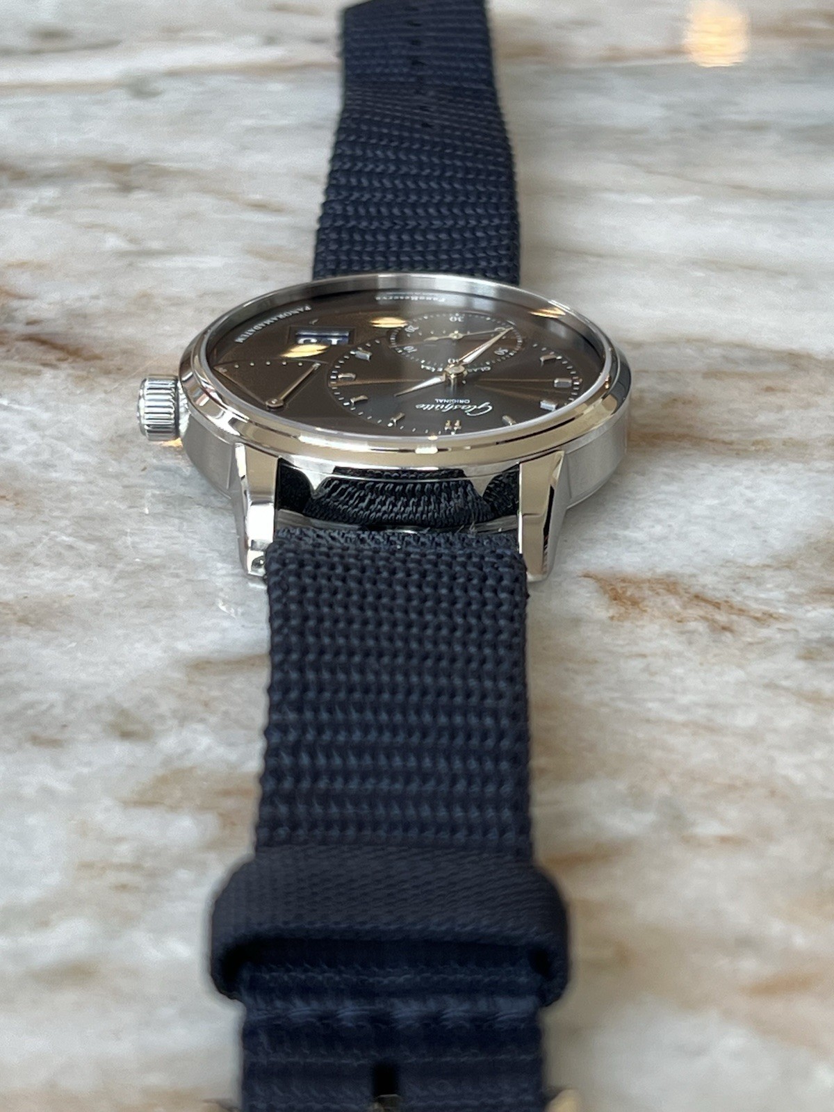 Glashütte Original PanoReserve Blue Dial Manual Date PR Nylon Strap Box Papers