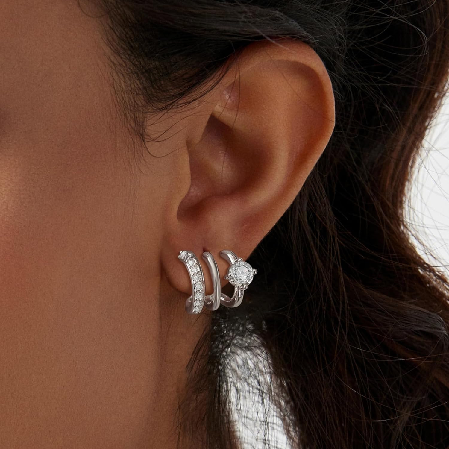 14K Gold Plated Hoop Earrings for Women Triple Huggie Illusion Stud Earring | Do