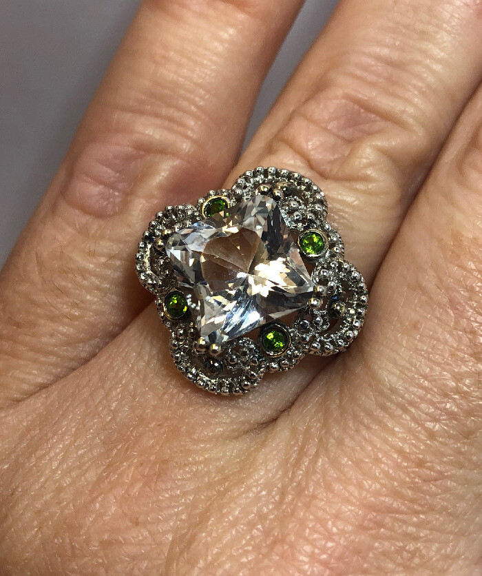 Sterling Silver White Topaz Chrome Diopside Multi Gemstone Modern Deco Ring 7