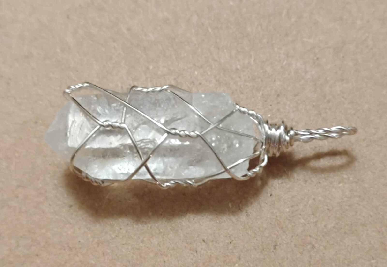 Natural Clear Quartz Crystal Point Pendant Hand-wrapped in Silver-coated Wire
