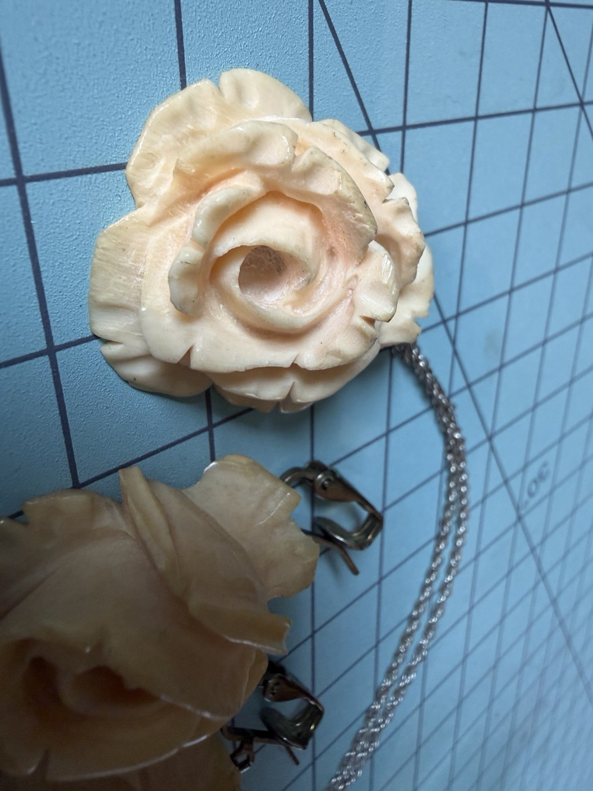 Vintage Chinese Export Carved Bovine Bone Rose Necklace and Drop Earring Set