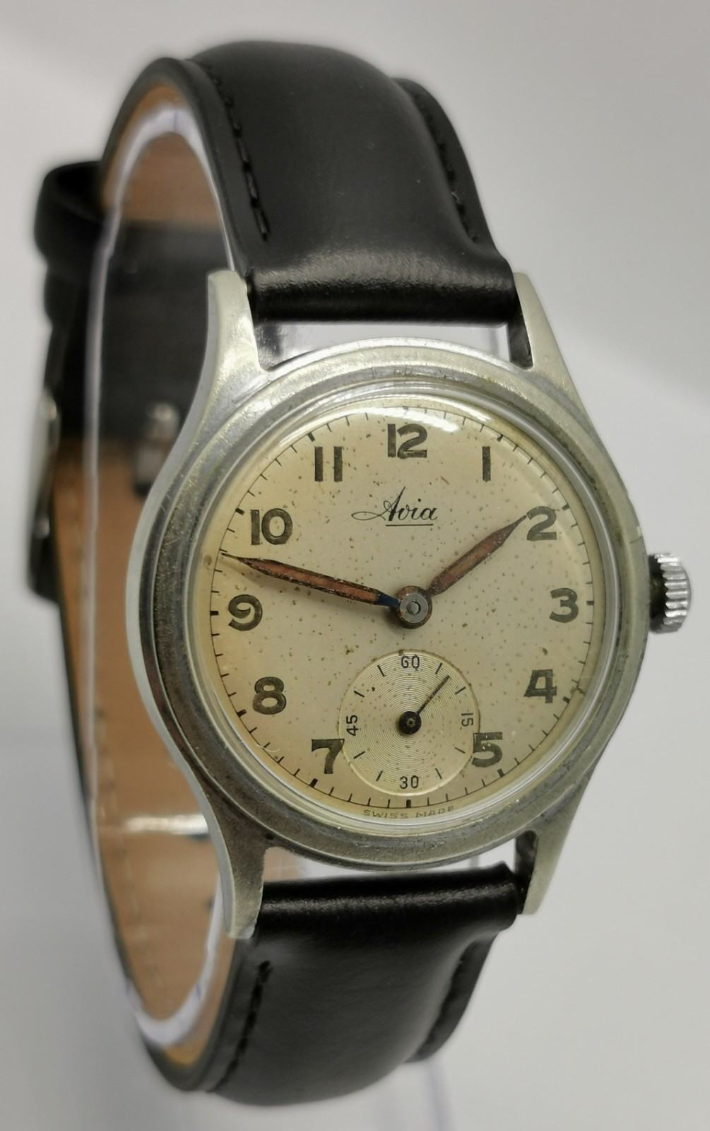 Vtg 1940 Avia Denisteel Case Military Style 15 Jewel 30mm Mechanical Gents Watch