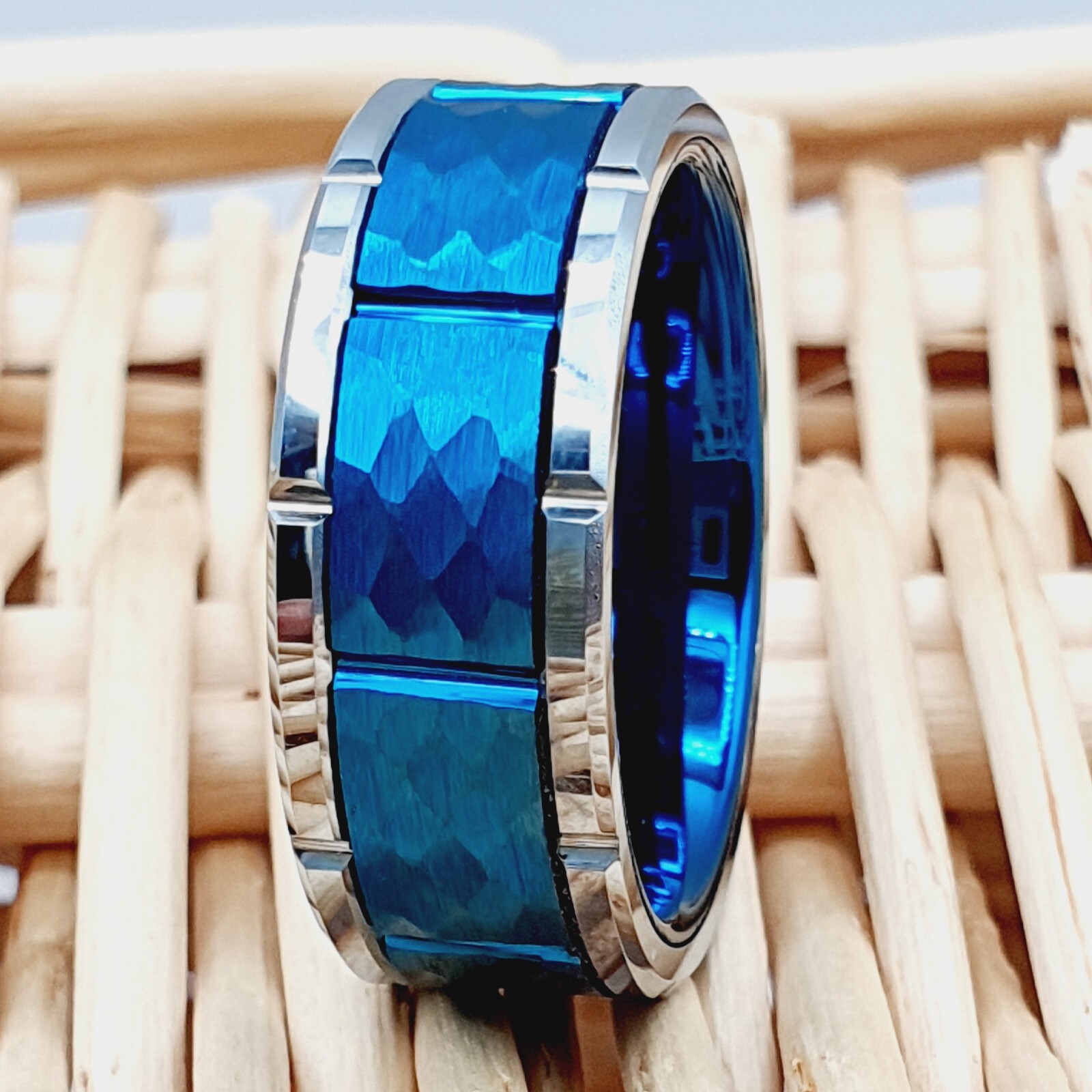 Comfort Fit Engagement Ring, Blue Hammered Tungsten Wedding Ring with Notches