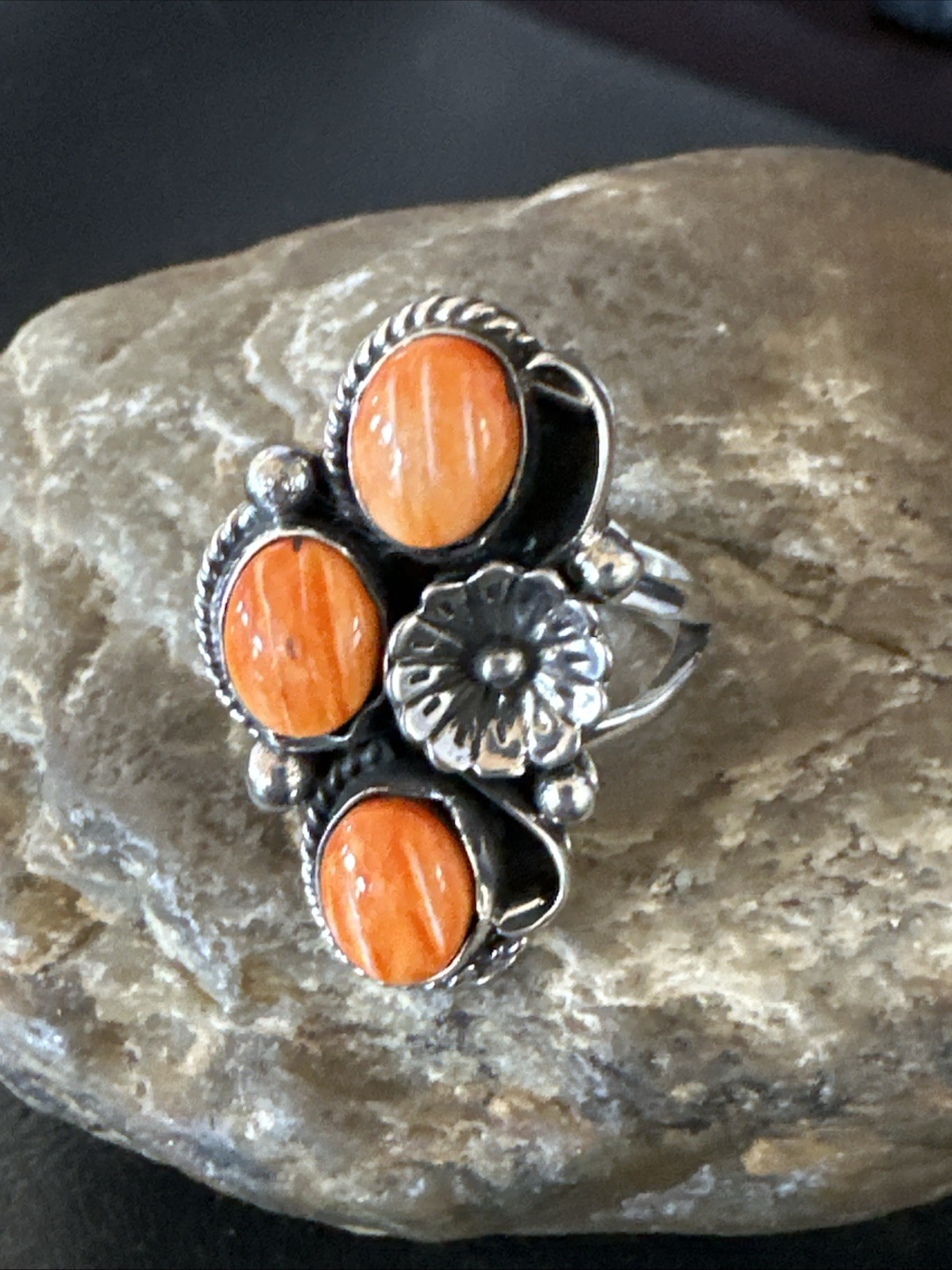 Orange Spiny Oyster Cluster Navajo Sterling Silver Ring Size 6.5 19185