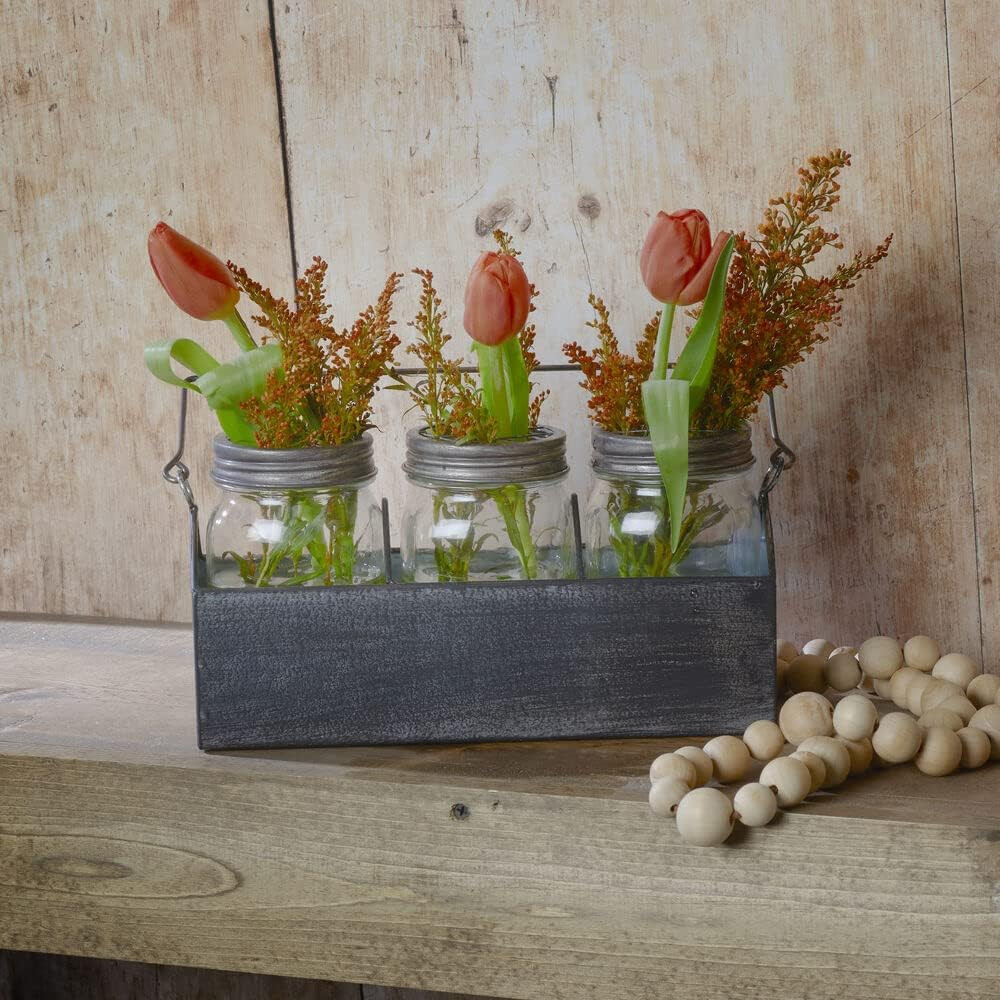 Three Glass Mason Jar in Metal Carrier Décor, Distressed Finish, 10.83X3.54X7.09