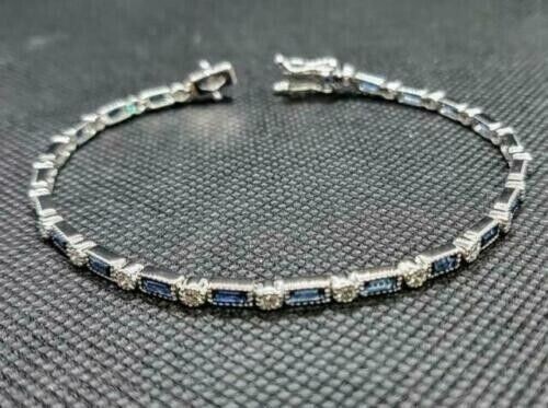Blue Sapphire & Round Diamond Lab Created Tennis Bracelet 14K White Gold Plated