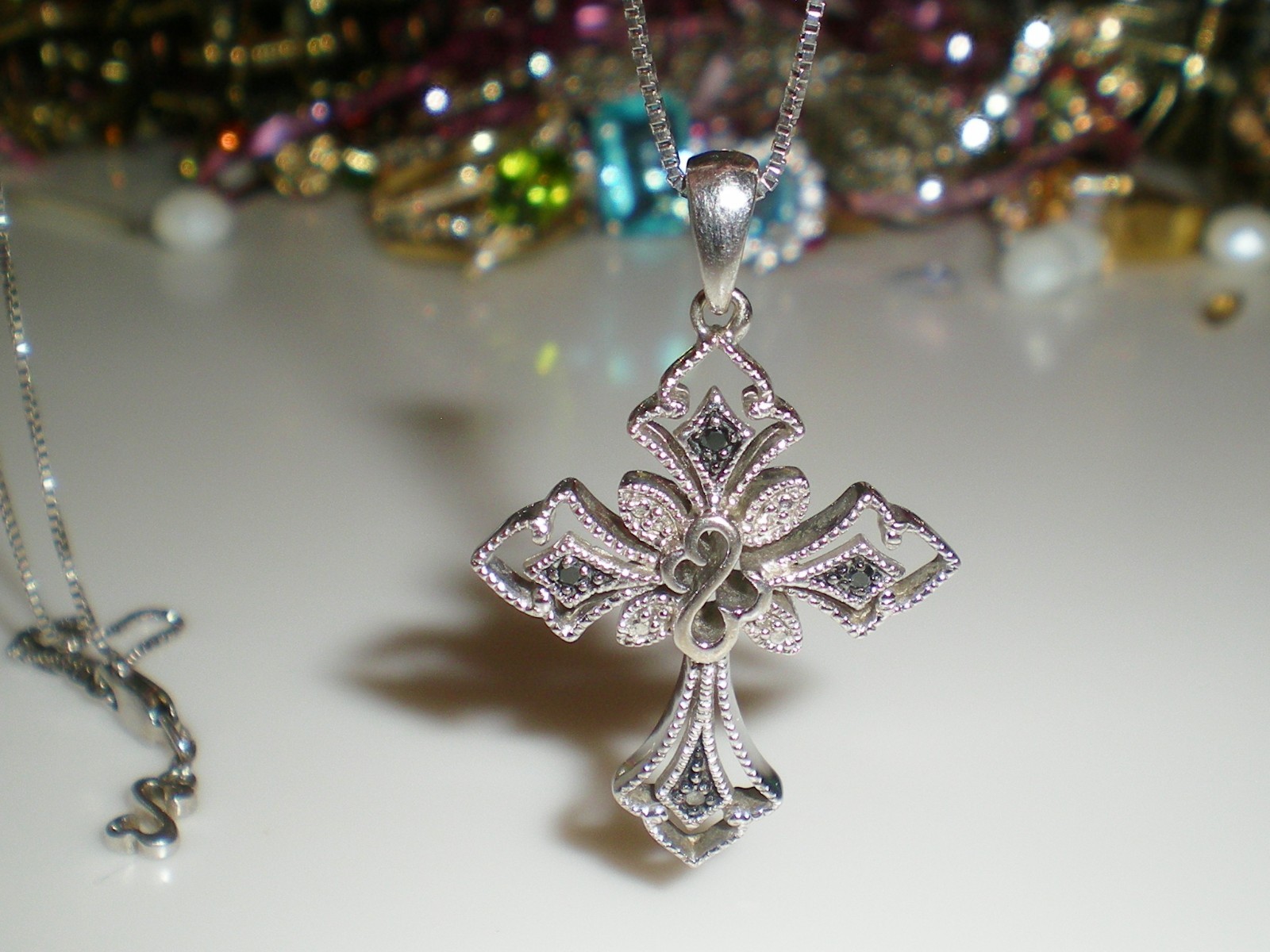 Jane Seymour SS Open Hearts Gothic CROSS 1/6ct Diamond Necklace 💎 KAY BOX 💎