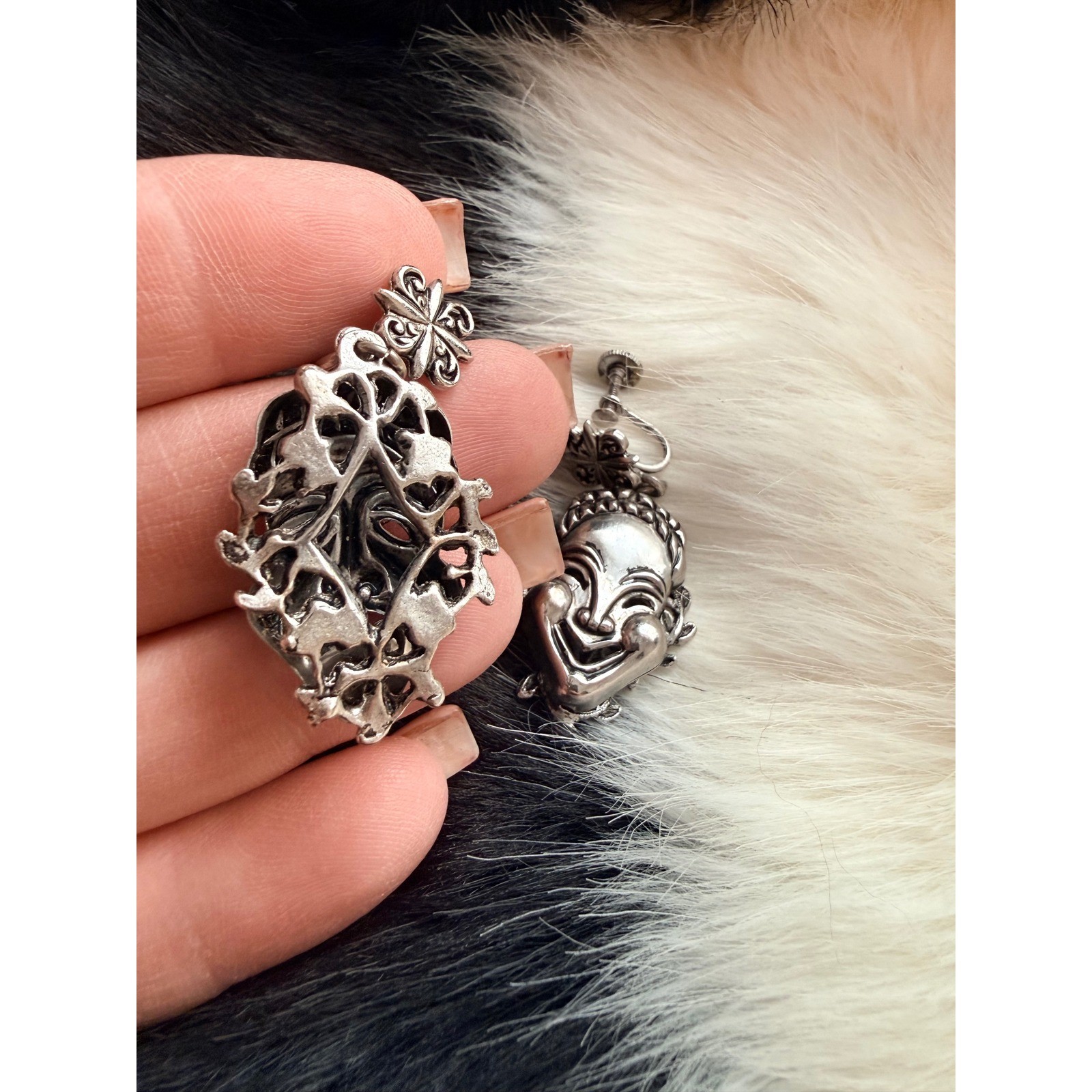 Silver Drama Comedy Masks Dangle Earrings Screw Back Vintage Collectible