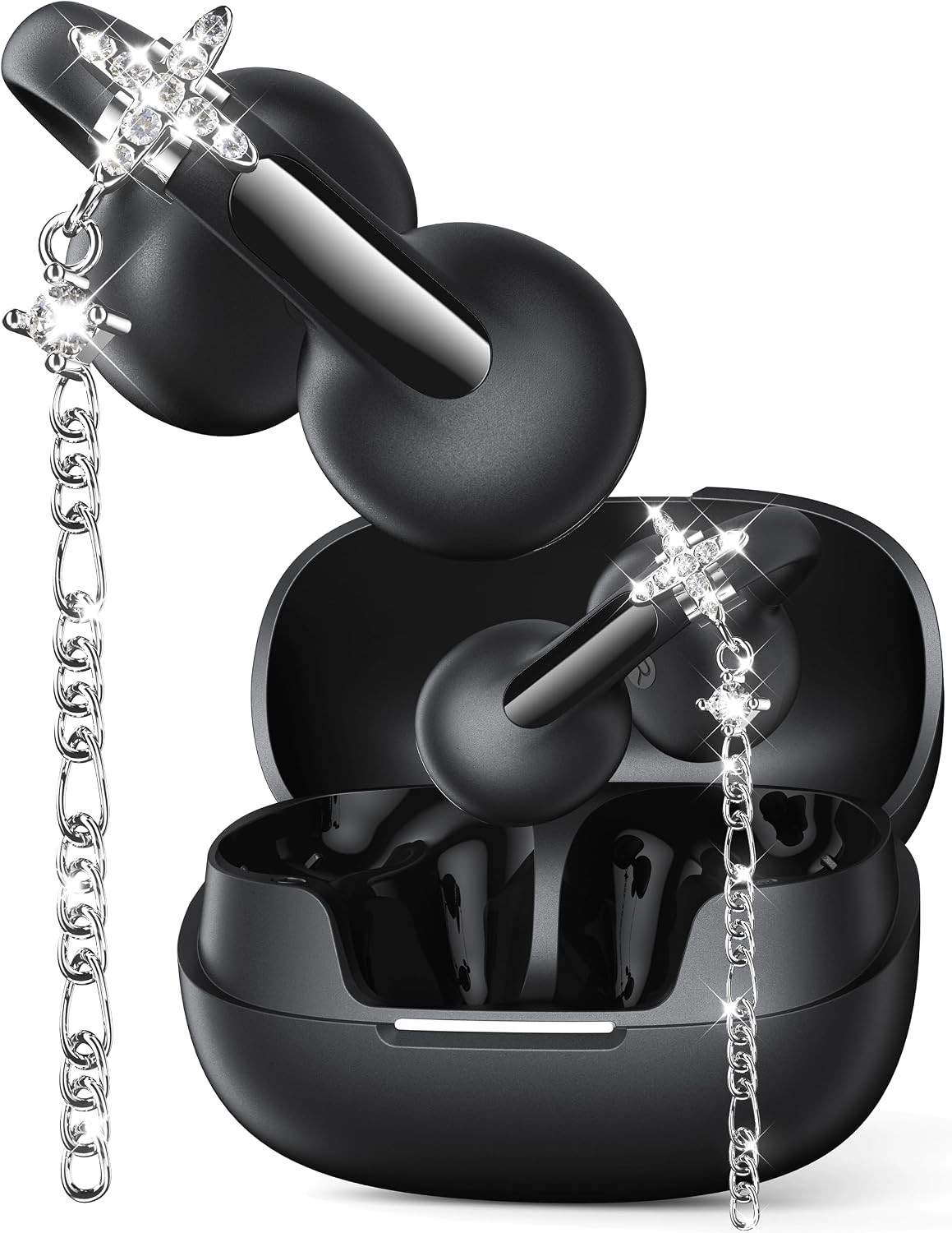 Elegant Beige Open Ear Bluetooth Headphones with Star Earrings, 50H Playtime