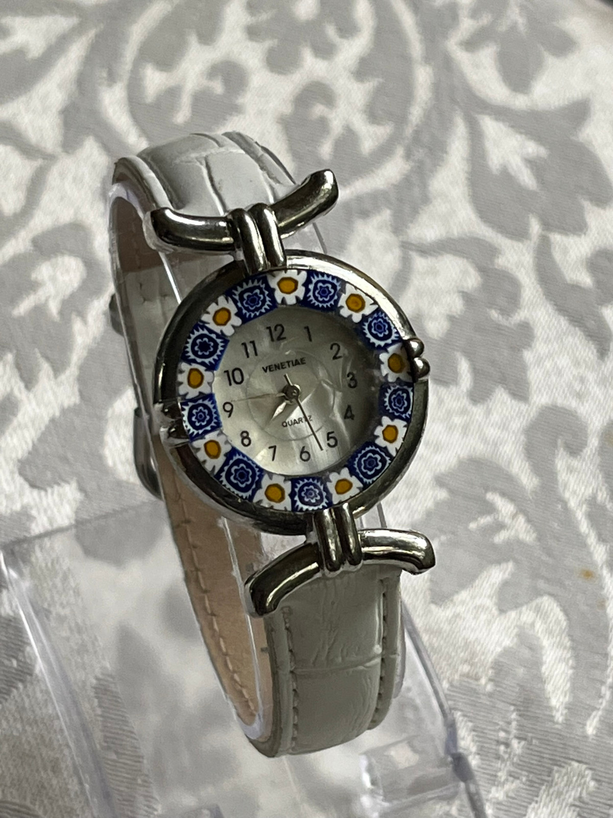 Venice Millefiori Watch Women 27mm Gold Tone White Leather Band-New Battery 7.5″