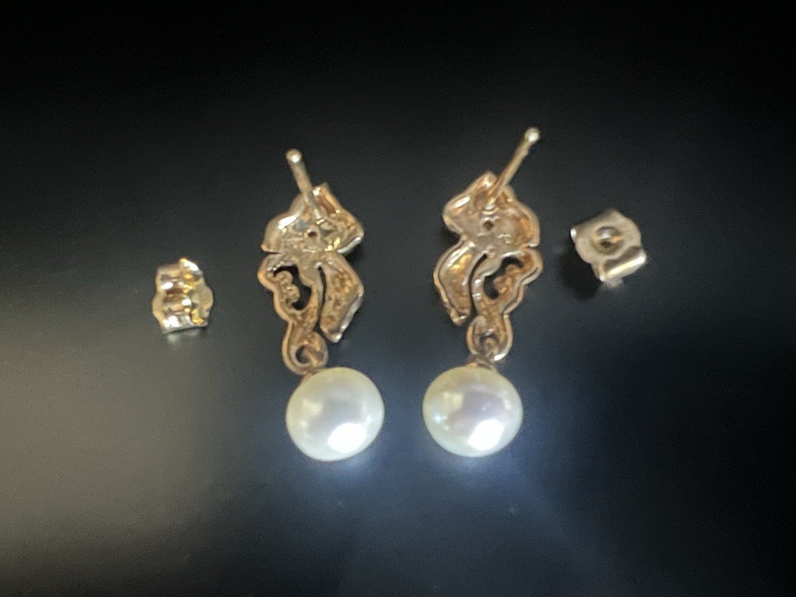 10K Gold Town & Country Diamond Flower Pearl Drop Earrings