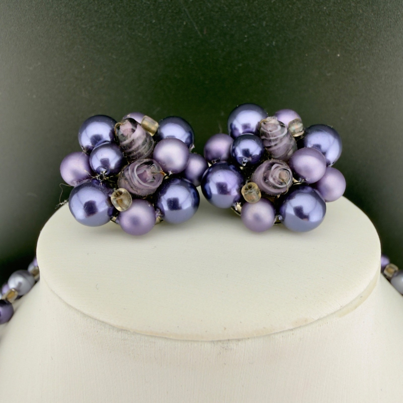 Vintage Purple Beaded Multi Strand Necklace Clip-On Earrings Set Japan
