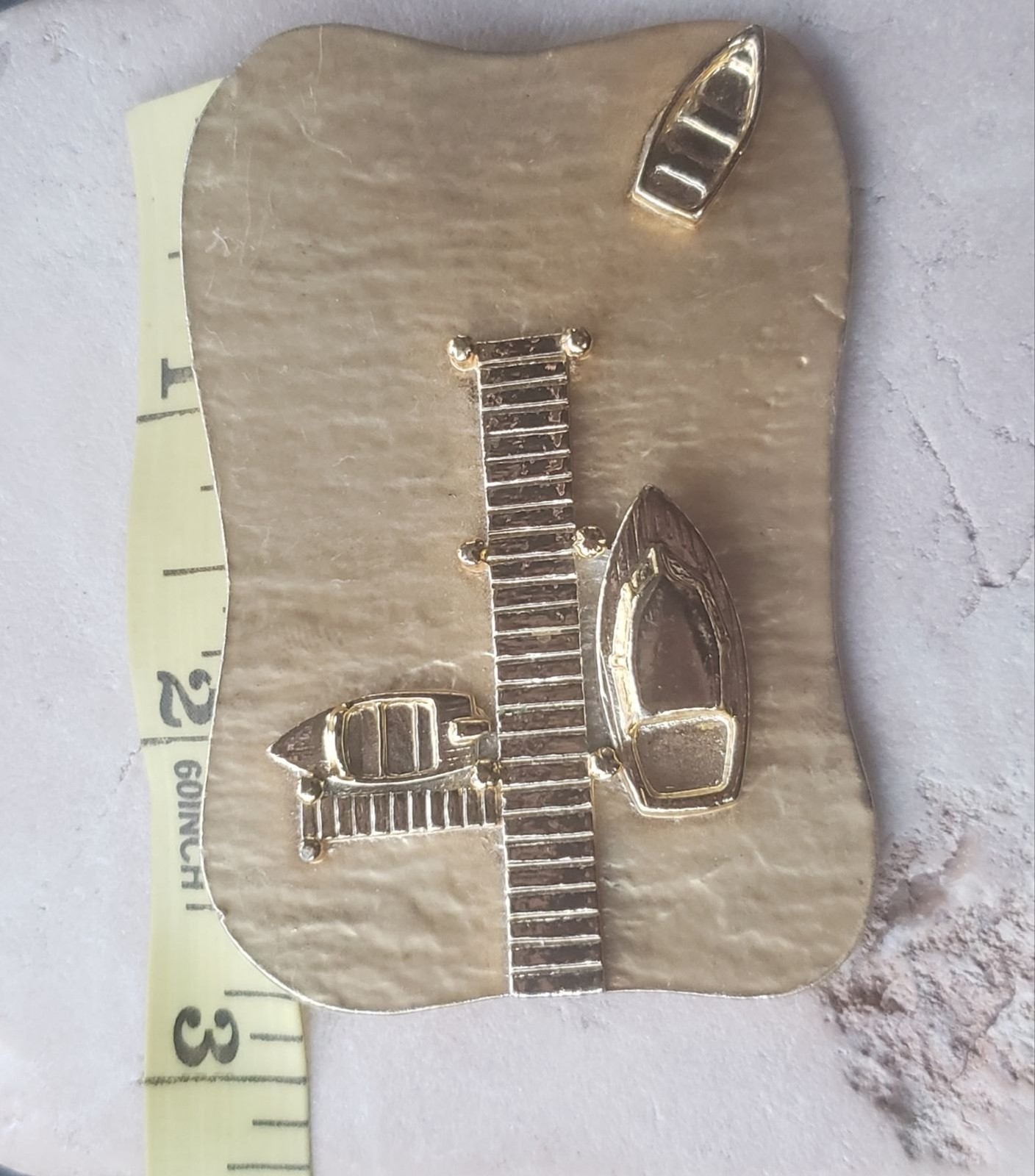Large brush Gold tone lake boat pier launch brooch pin, oversized, nautical