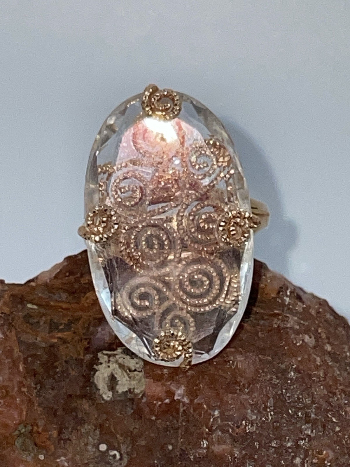 14KT 14K Rose Gold Caged Crystal Filigree RING Statement Italy Milor Size 10.25