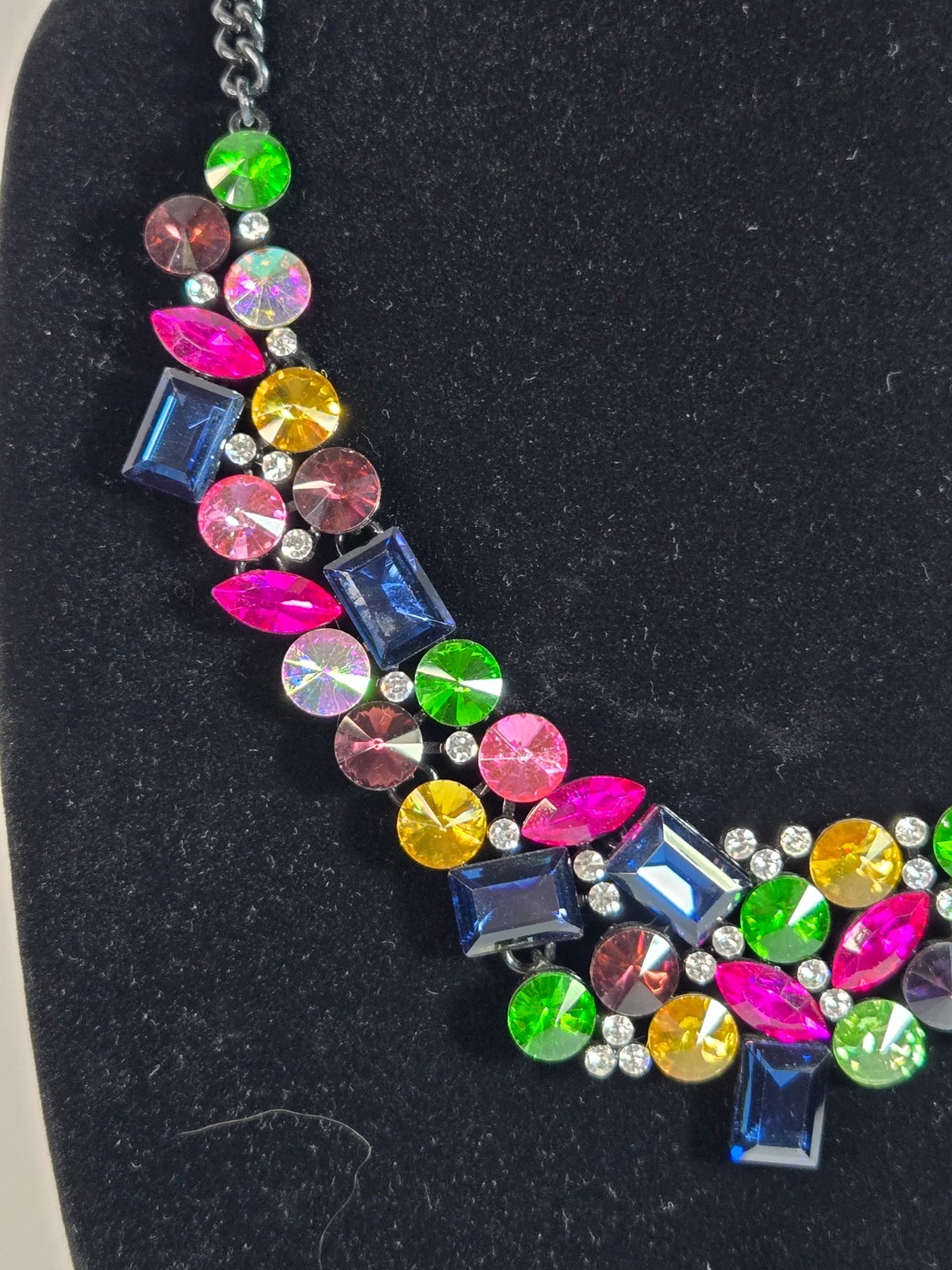 Multicolor Rhinestone Statement Bib Necklace Gunmetal Chain Bold Crystal Cluster