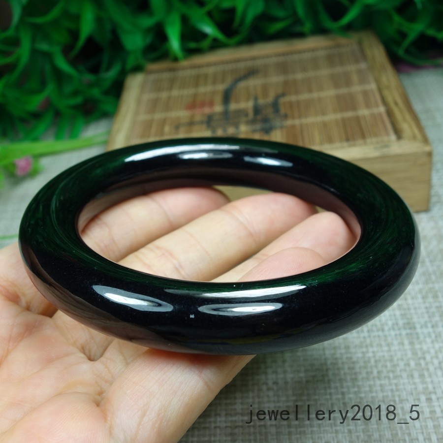 Certified Black Green Burma 100% Natural A Jadeite jade Bracelet 墨翠 圆条玉手镯 58.9mm