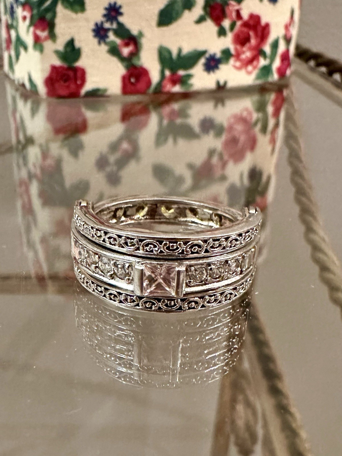 Vintage Avon Silver Tone Flip Ring with Multi Color Rhinestones Signed RJ Sz 10