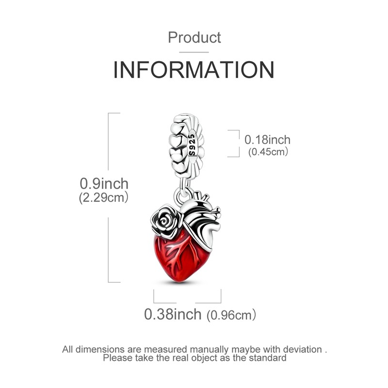MULA 925 Sterling Silver DIY Charm Red Rose Heart Pendant for Women Bracelet