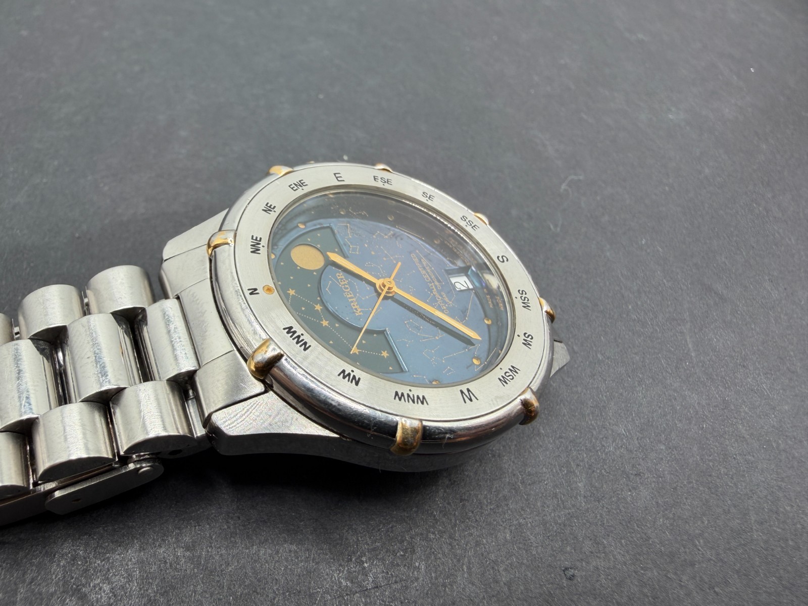 Krieger Lunar Chronometer Watch Men 35mm Blue Dial Steel Date
