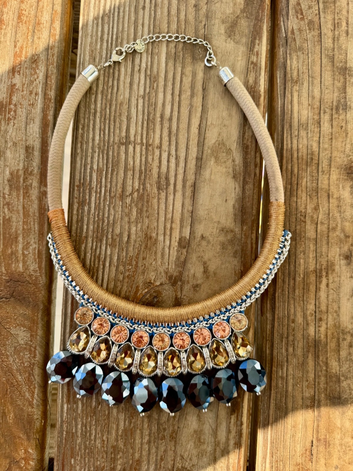 Lydell NYC Statement Bib Necklace Black Bead Crystal Rhinestone Gold Tone