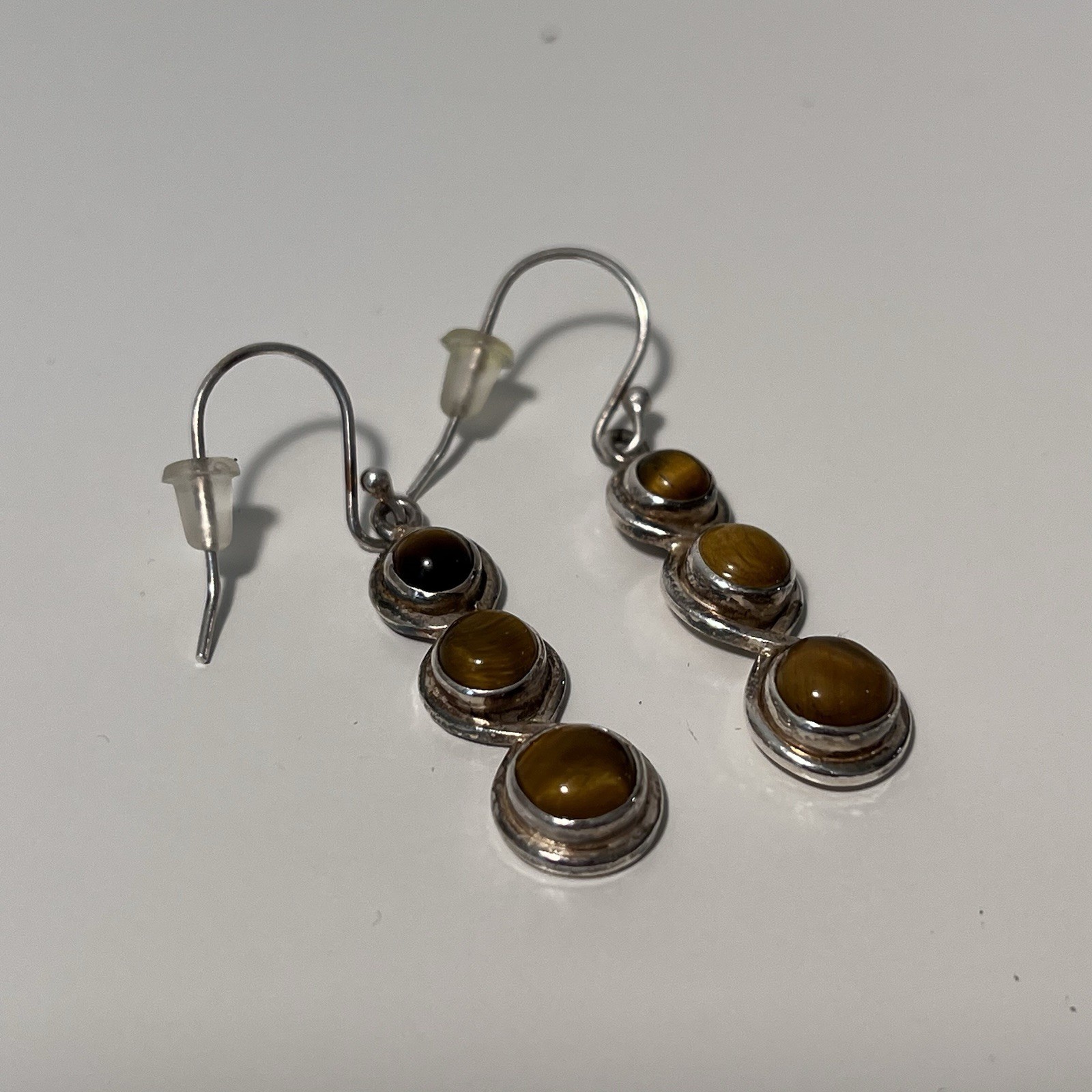 Vintage Sterling Silver TIGER’S EYE 3-Stone Dangle Earrings 1.125”